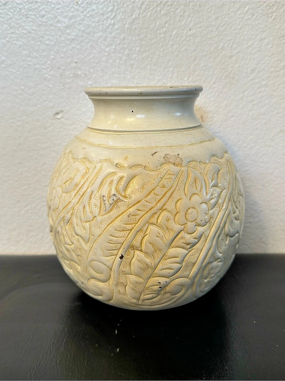 1970s–1980s Vintage Cream Ceramic Vase Embossed Floral Leaf Art Pottery